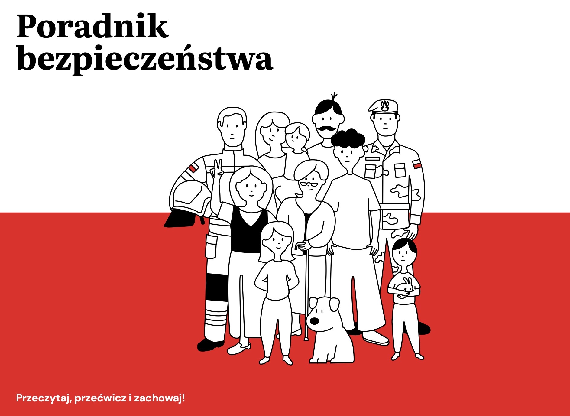 Okładka rządowego Poradnika Bezpieczeństwa z ilustracją polskiej rodziny i służb.