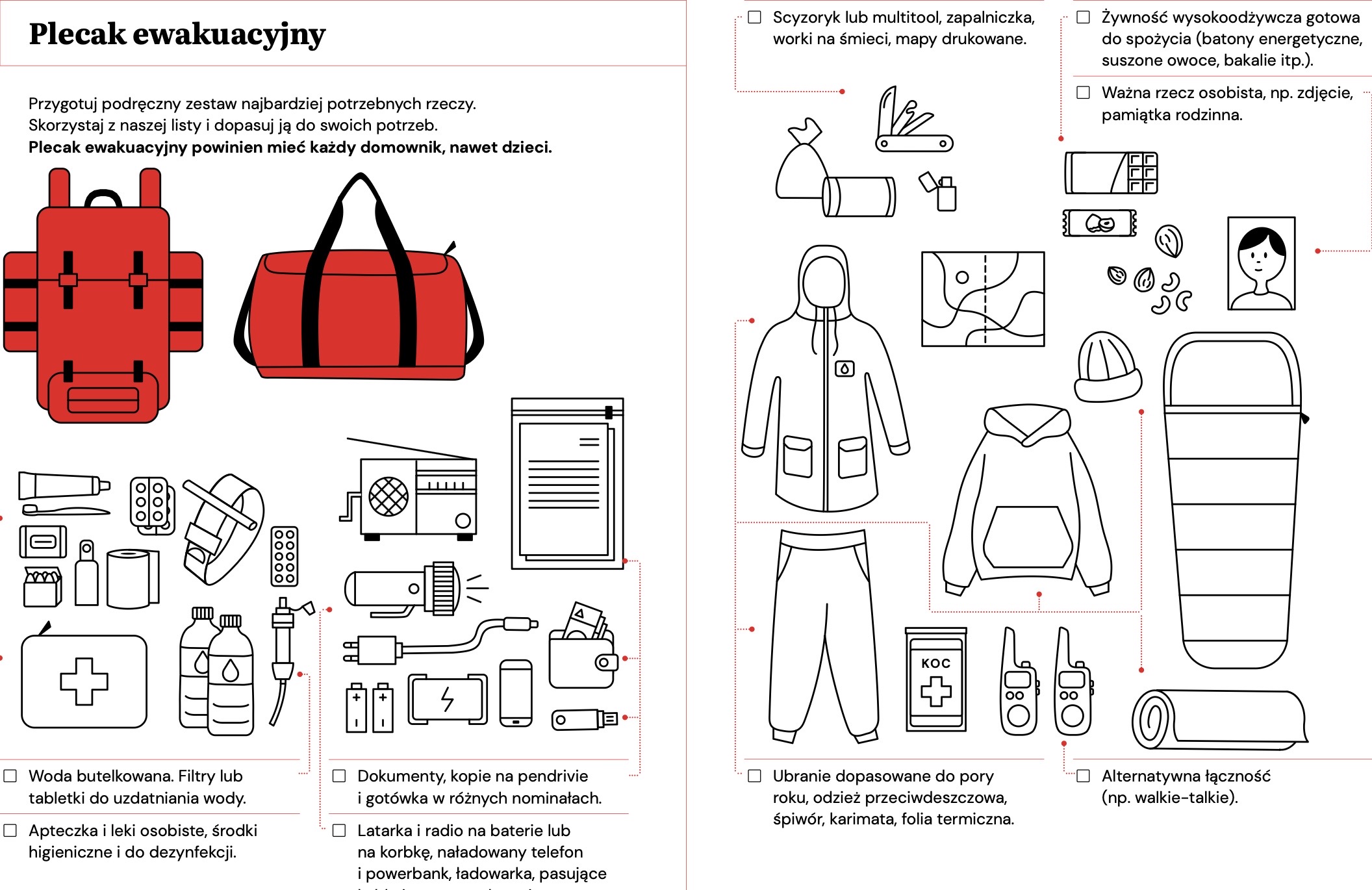 Elementy plecaka ewakuacyjnego: apteczka, woda, latarka, dokumenty, radio